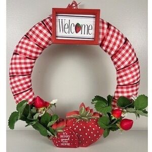 Strawberry Welcome Wreath Red Gingham Door Decor Standing Cottagecore 14.5 in